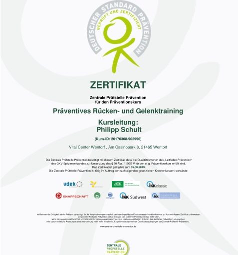 präventives Rücken und Gelenktraining Five Präventionskurs Gesundheitskurs Philipp Schult Physiotherapeut Bergedorf Nettelnburg Wentorf